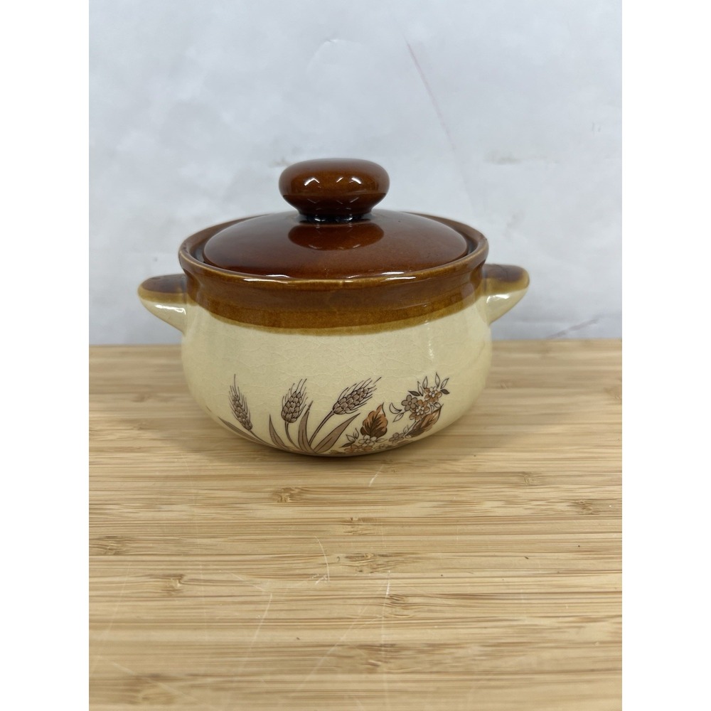 Vintage Stoneware Casserole Dish w Lid Wheat Floral Oven‎ Proof Japan